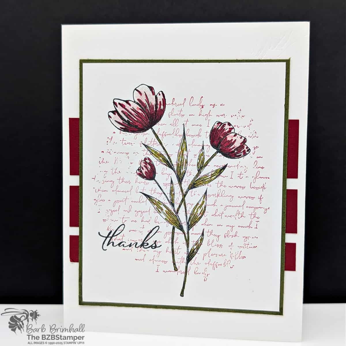 The Elements of Text Stamps as a Background Image 1 The Elements of Text Stamps as a Background Image paired with stamps from the Spotlight on Nature stamp set by Stampin' Up! In green and burgundy, this elegant thank you card will please anyone.