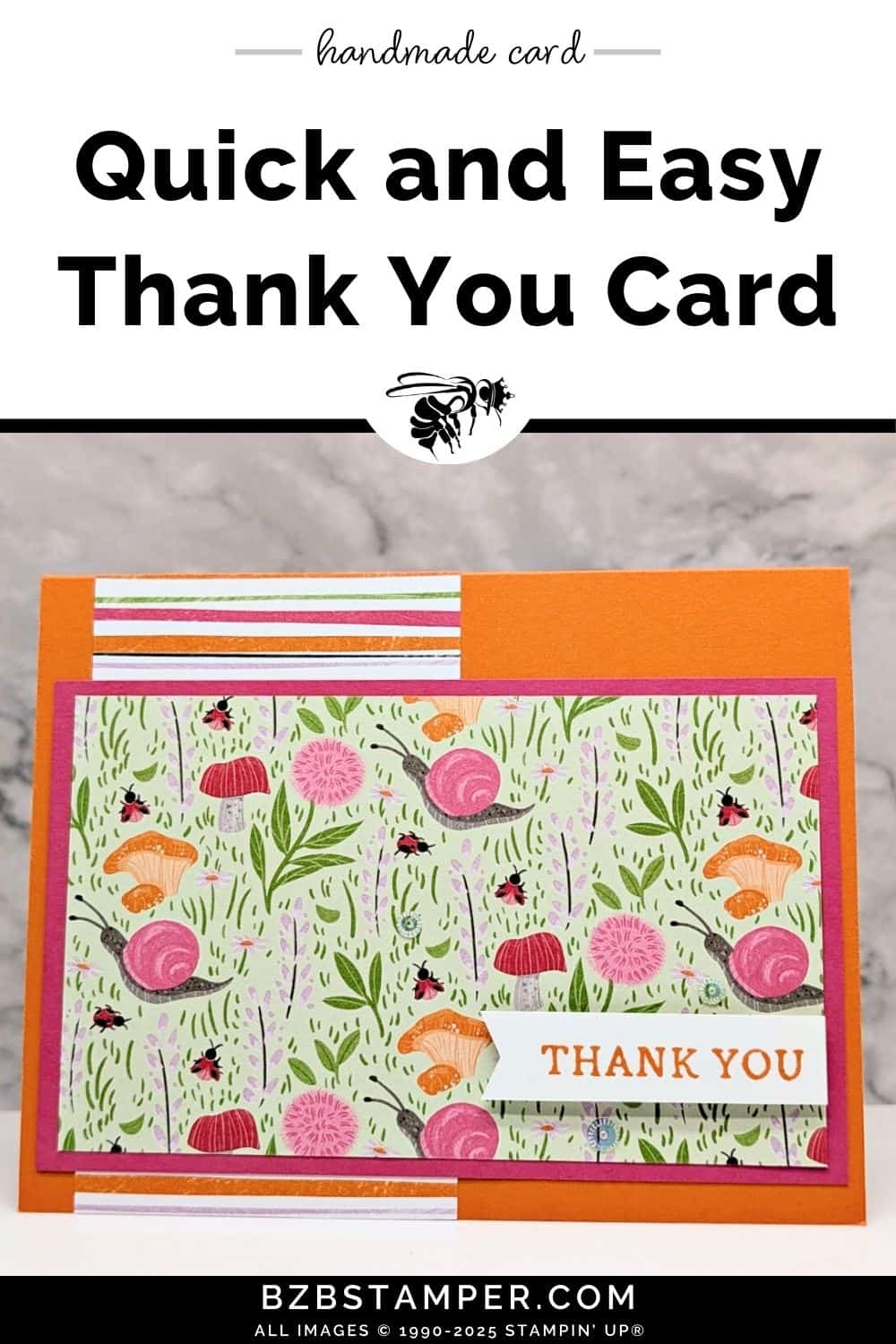 Quick and Easy Toadstools Garden Card 5 Quick and Easy Toadstools Garden Card featuring the whimsical Toadstools Garden paper in oranges and pinks and a thank you sentiment.