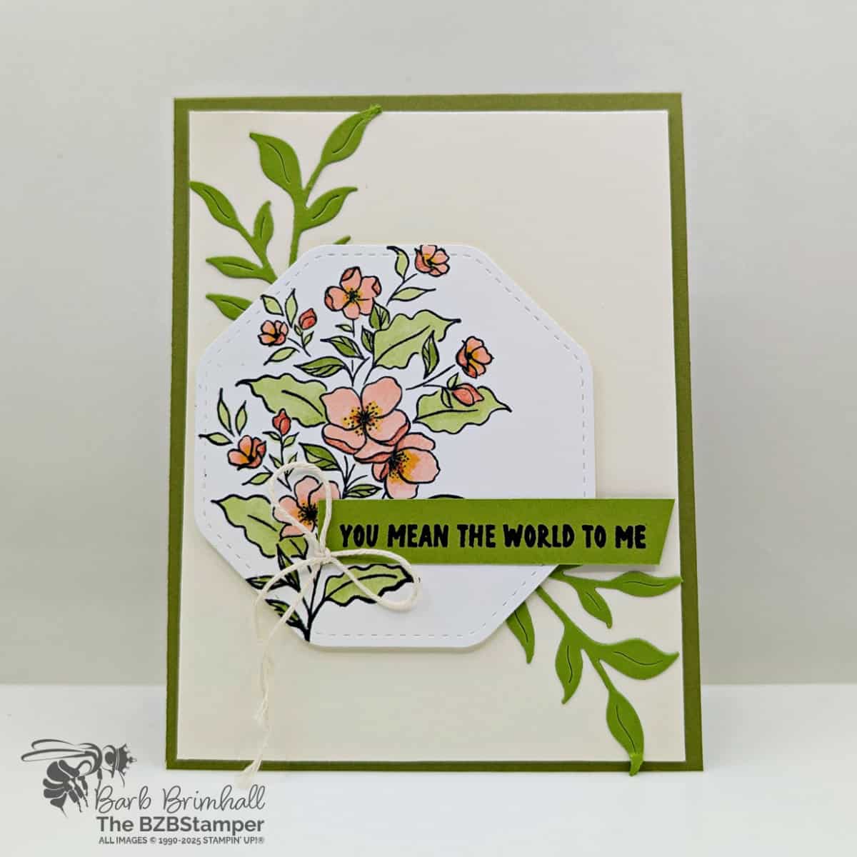 Floral Masterpiece with the Memorable Blooms Bundle 1 Floral Masterpiece with the Memorable Blooms Bundle by Stampin' Up! in peaches and greens. Sentiment is "you mean the world to me."