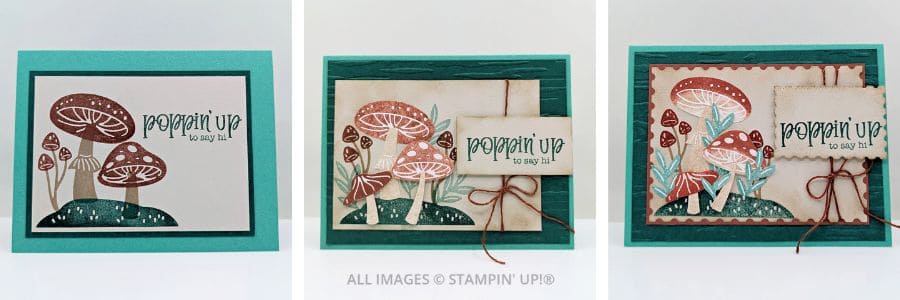 3 Cards using the Terrific Toadstools Bundle 1 3 Cards using the Terrific Toadstools Bundle featuring toadstools in browns and greens and a "Poppin' Up To Say Hi" sentiment.