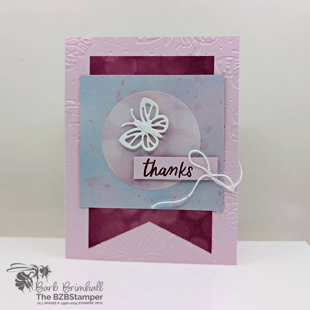 5 Minute Thank You Card Using Card Sketch 38 1 5 Minute Thank You Card Using Card Sketch 38 featuring pinks and blues, with a butterfly element and "thanks" sentiment.
