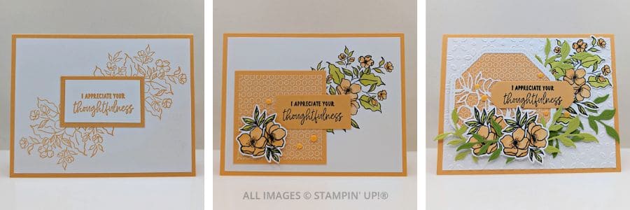 3 Cards using the Memorable Blooms Bundle 1 3 Cards using the Memorable Blooms Bundle in peaches and greens featuring elegant die-cuts and a "I appreciate your thoughtfulness" sentiment.