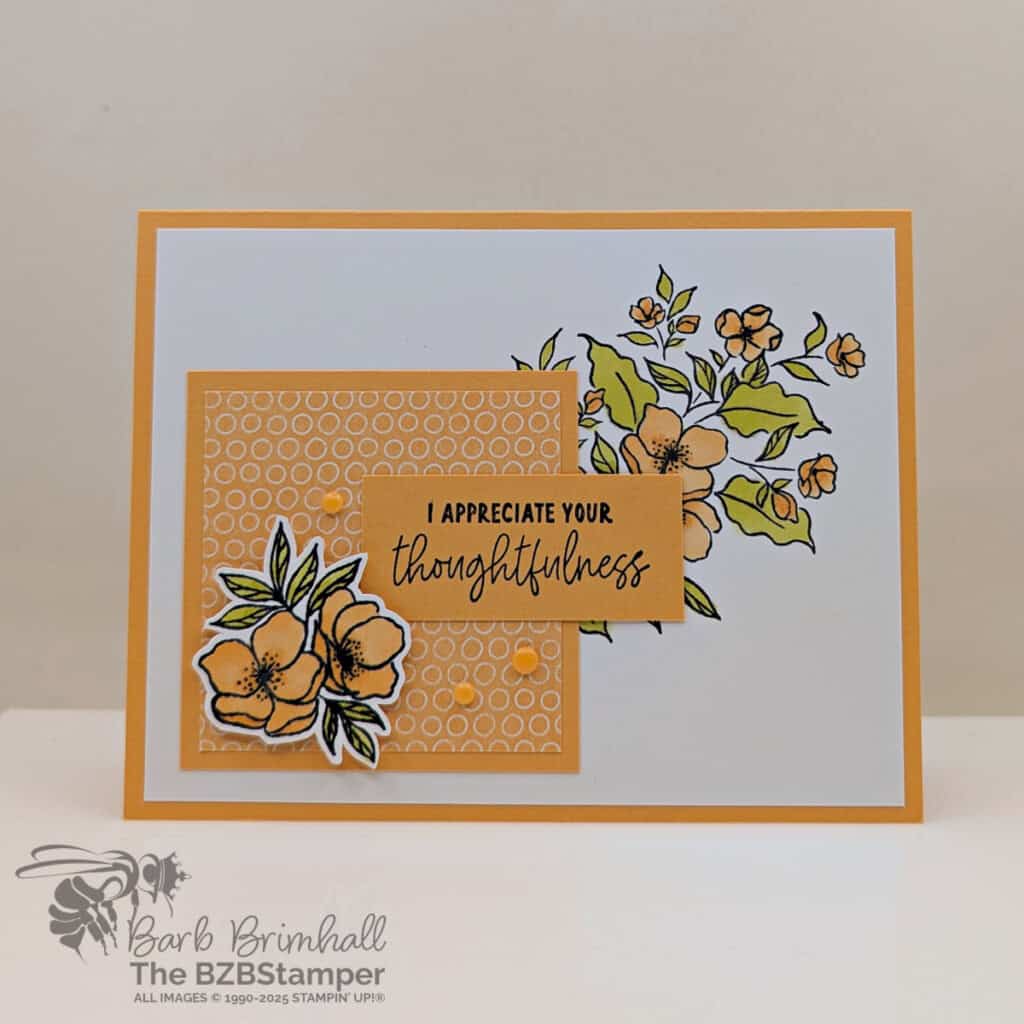 3 Cards using the Memorable Blooms Bundle 3 3 Cards using the Memorable Blooms Bundle in peaches and greens featuring elegant die-cuts and a "I appreciate your thoughtfulness" sentiment.