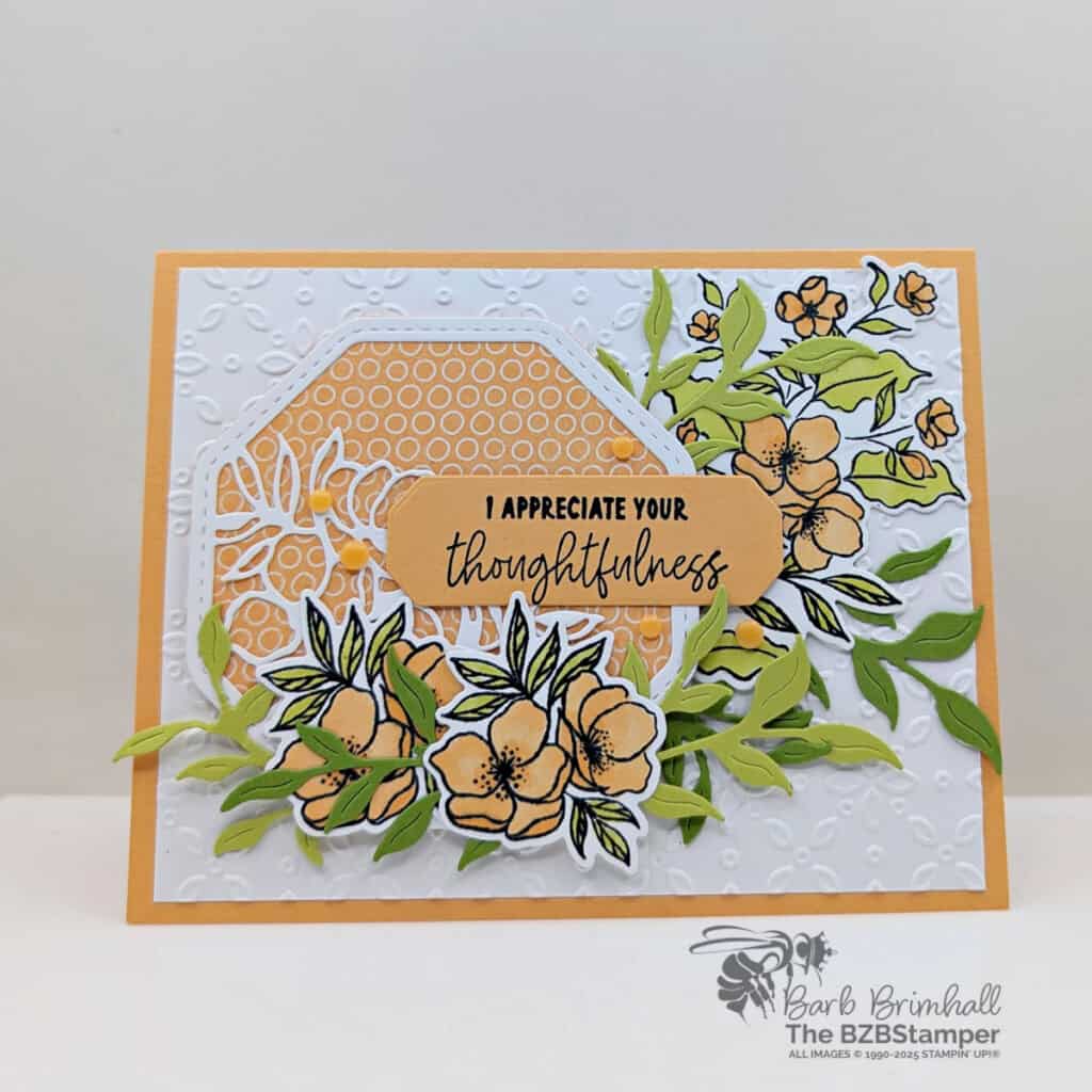 3 Cards using the Memorable Blooms Bundle 4 3 Cards using the Memorable Blooms Bundle in peaches and greens featuring elegant die-cuts and a "I appreciate your thoughtfulness" sentiment.