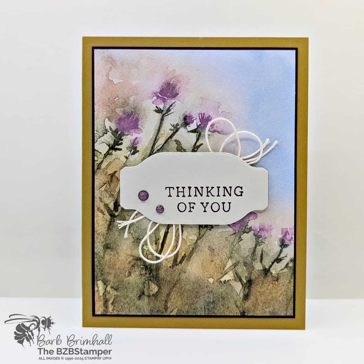 5 Minute Thinking of You Card Using Card Sketch 41 in rich colors with beautiful wildflowers and a "think of you" sentiment on a tag with Baker's Twine.