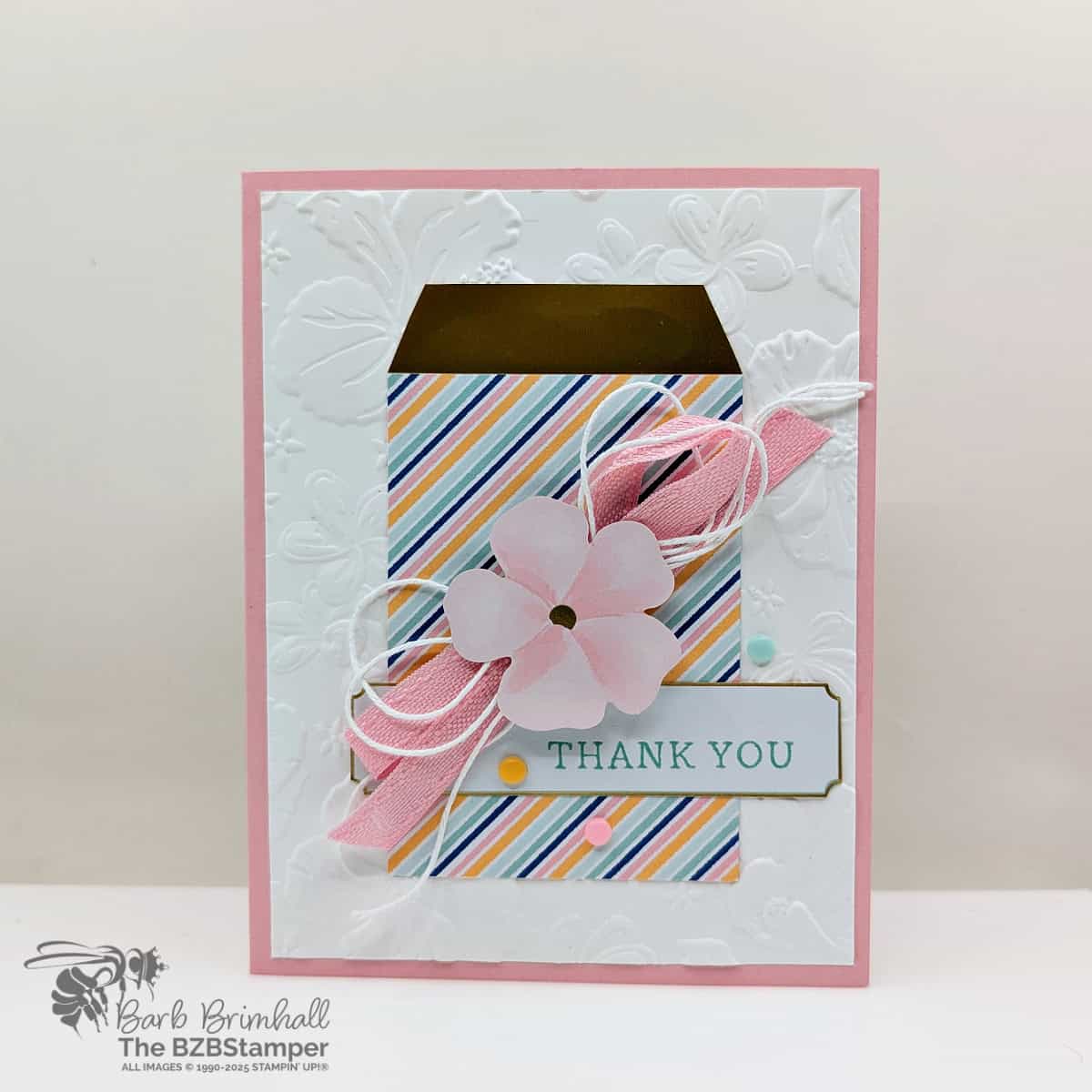 5 Minute Thank You Card Using Card Sketch 42 1 5 Minute Thank You Card Using Card Sketch #42 featuring pretty striped paper and a flower with ribbon and white Baker's Twine, with a thank you sentiment on a gold foil lined label.