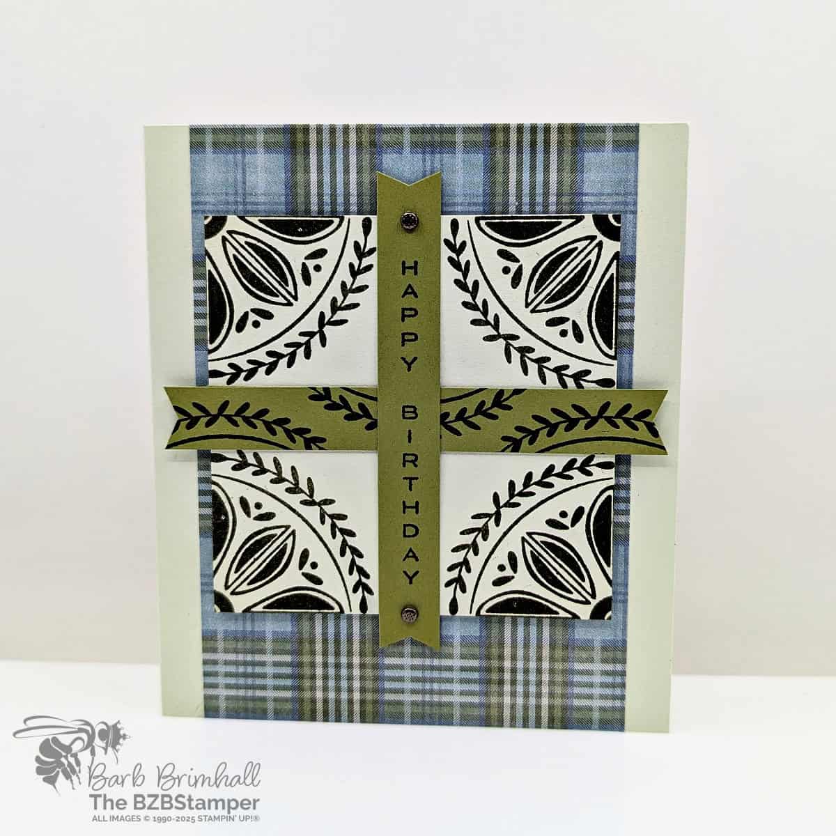 Tiled Techniques Birthday Card featuring plaid paper in blues, greens and browns with a "happy birthday' sentiment.