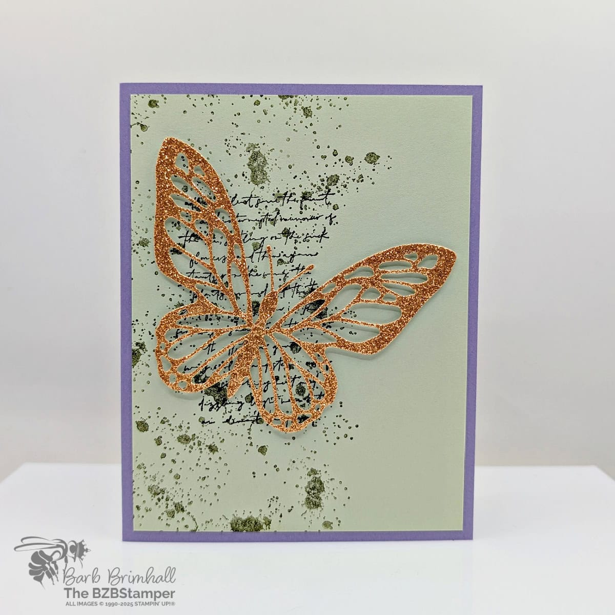 Elements of Text Butterfly Card 1 Elements of Text Butterfly Card featuring light purples and greens with a script font and a die-cut butterfly focal point in gold glimmer paper