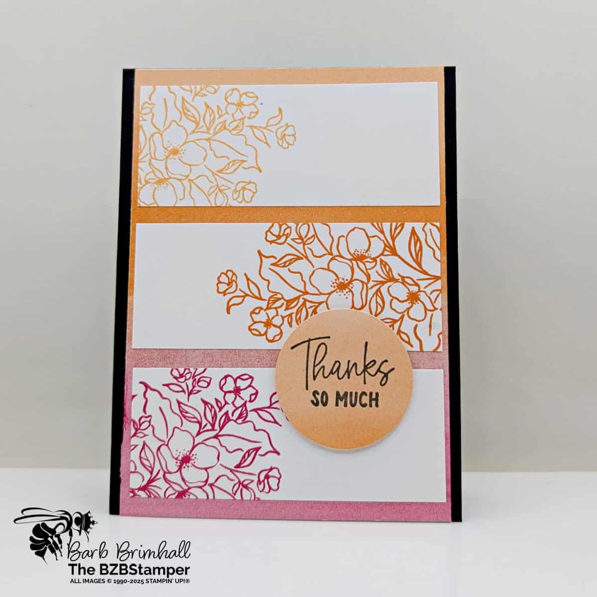 Memorable Blooms Thank You Card 1 Memorable Blooms Thank You Card featuring flowers in peaches and hot pink with a "thanks so much" sentiment stamped on a circle punch.