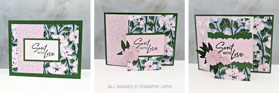 3 Cards using the Fancy Borders Bundle 1 3 Cards using the Fancy Borders Bundle featuring floral paper in blues, greens, and pinks and a "sent with love" sentiment.