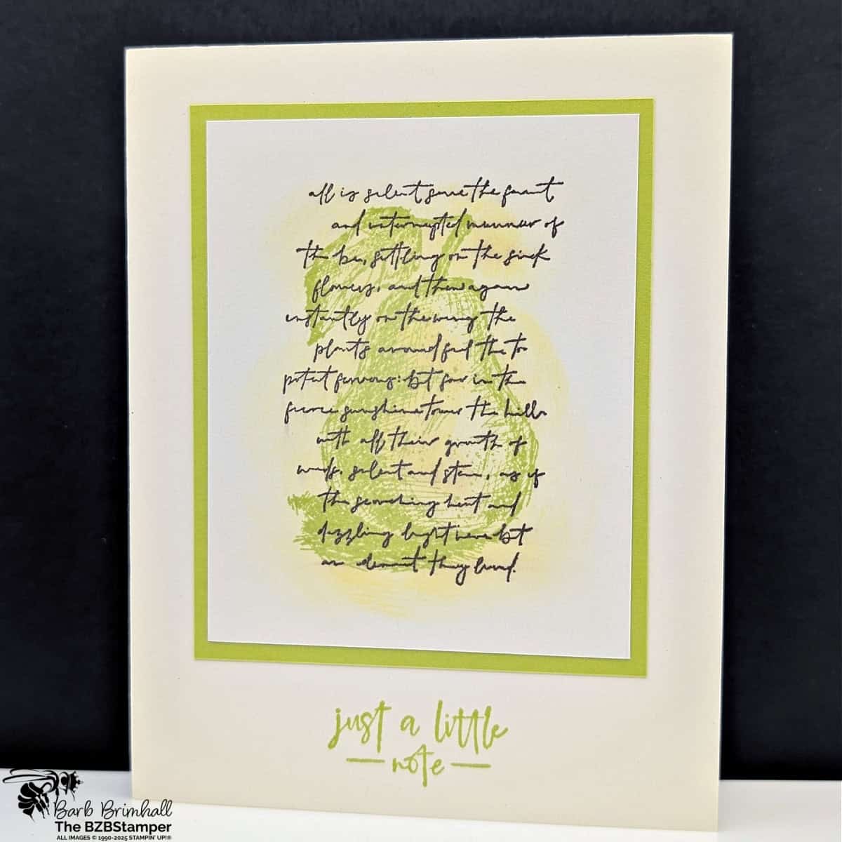 Elements of Text with Penciled Pear Stamp Set features a soft pear image in greens and yellows with a beautiful font layered over it and a "just a little note" sentiment. 