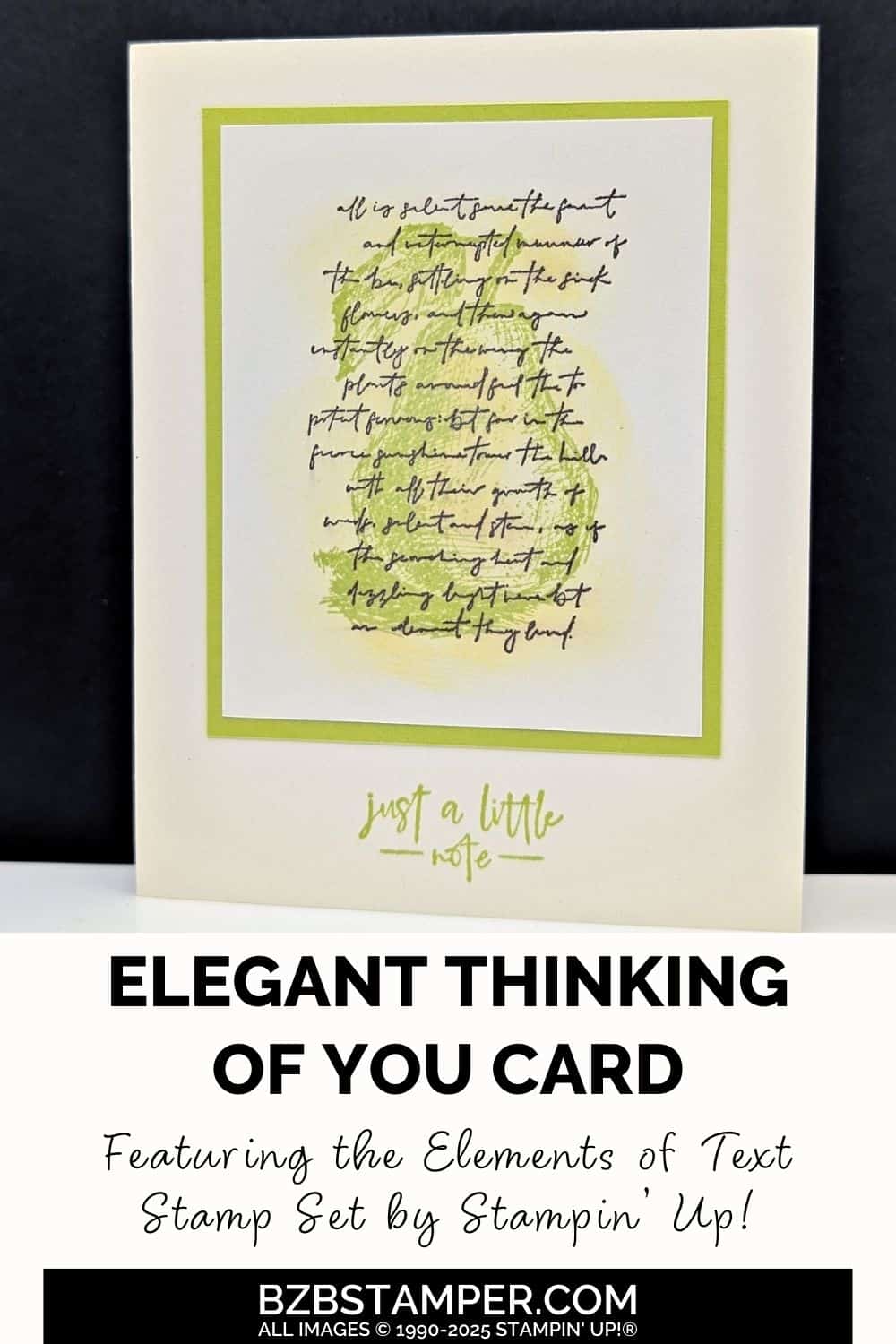 Elements of Text with Penciled Pear Stamp Set features a soft pear image in greens and yellows with a beautiful font layered over it and a "just a little note" sentiment. 