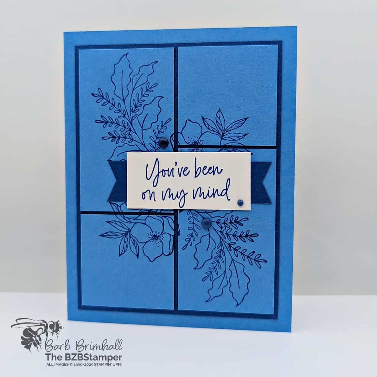 Memorable Blooms Thinking of You Card 1 Memorable Blooms Thinking of You Card in blues with a "you've been on my mind" sentiment stamped on a white tag.