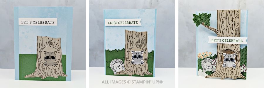 3 Cards using the Peekaboo Forest Bundle 1 3 cards using the Peekaboo Forest Bundle featuring woodland creatures such as a raccoon, porcupine and bear and a tree trunk with a "let's Celebrate" sentiment.
