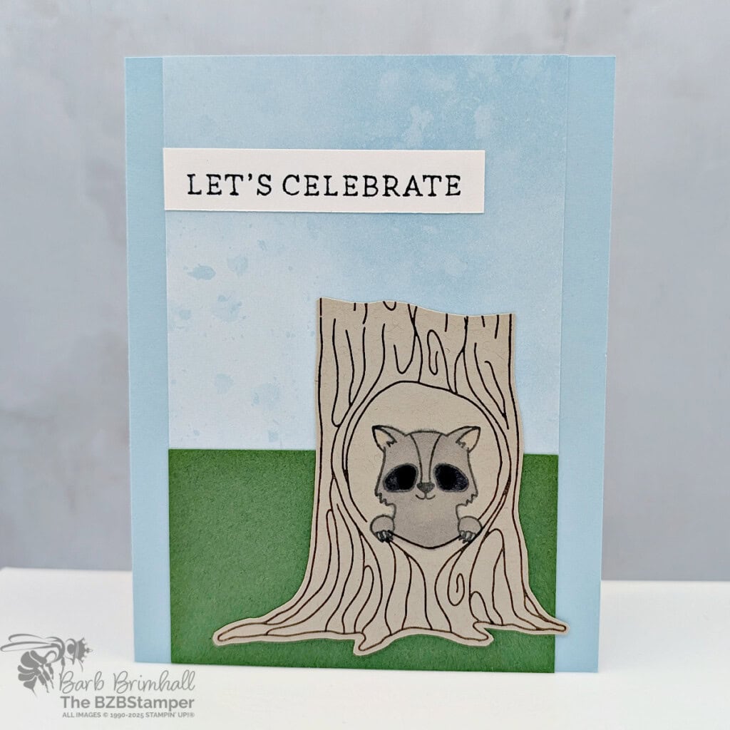 3 Cards using the Peekaboo Forest Bundle 2 3 cards using the Peekaboo Forest Bundle featuring woodland creatures such as a raccoon, porcupine and bear and a tree trunk with a "let's Celebrate" sentiment.
