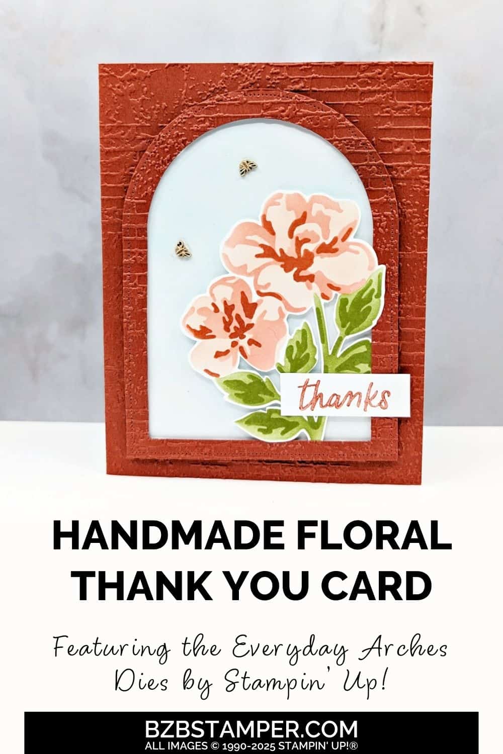 Everyday Arches Dies by Stampin Up combined with the Decorative Thankful Garden Masks in soft terra cotta and green colors.  Sentiment "thanks"