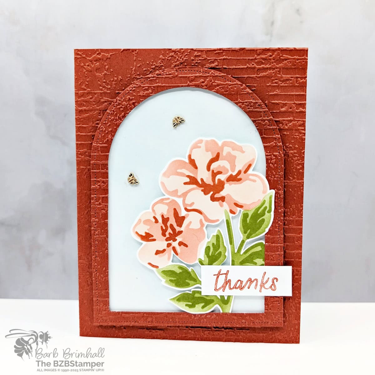 Everyday Arches Dies by Stampin Up combined with the Decorative Thankful Garden Masks in soft terra cotta and green colors.  Sentiment "thanks"