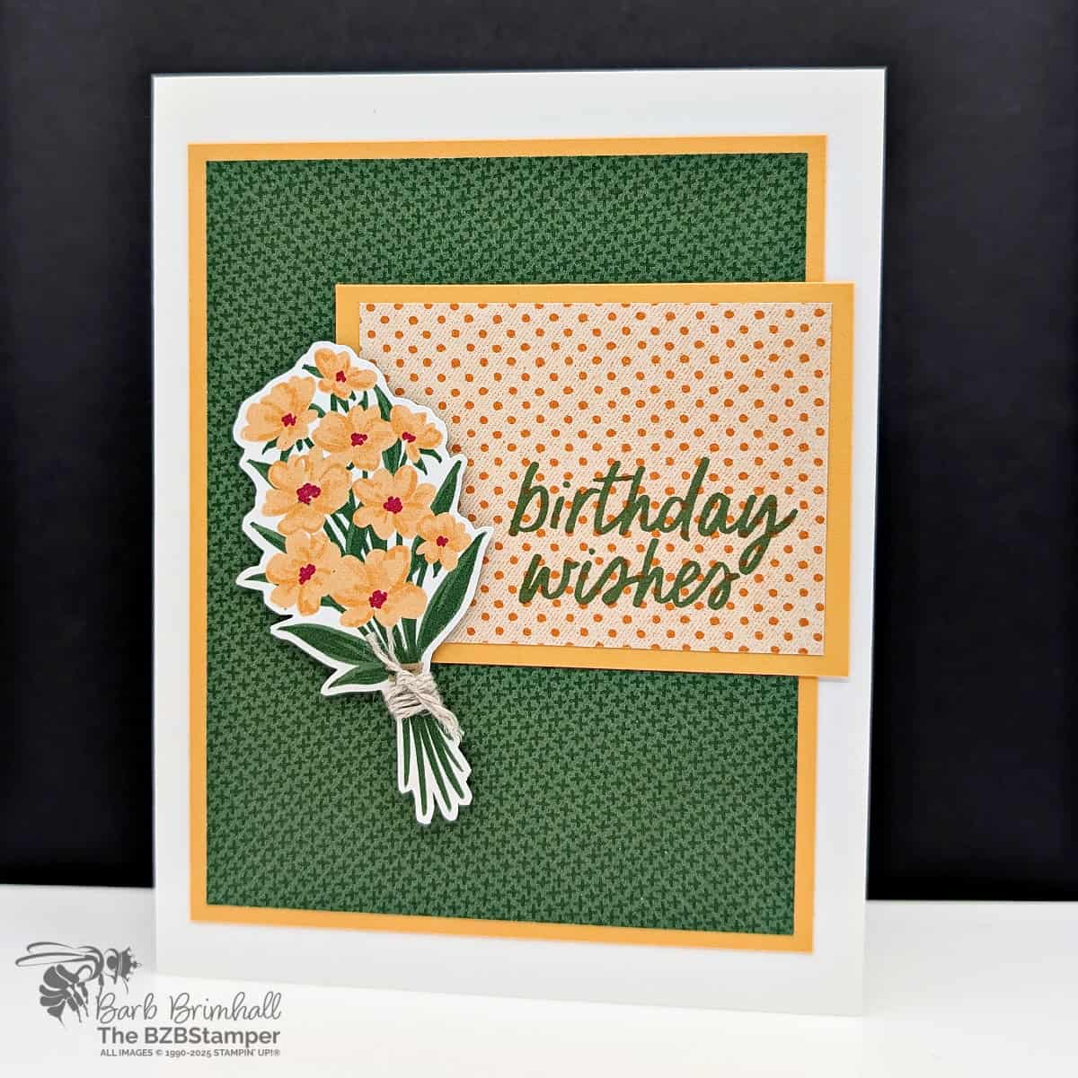 5 Minute Birthday Card using Card Sketch 45 featuring peaches and greens with a "birthday wishes" sentiment and a bouquet of florals using pretty paper.