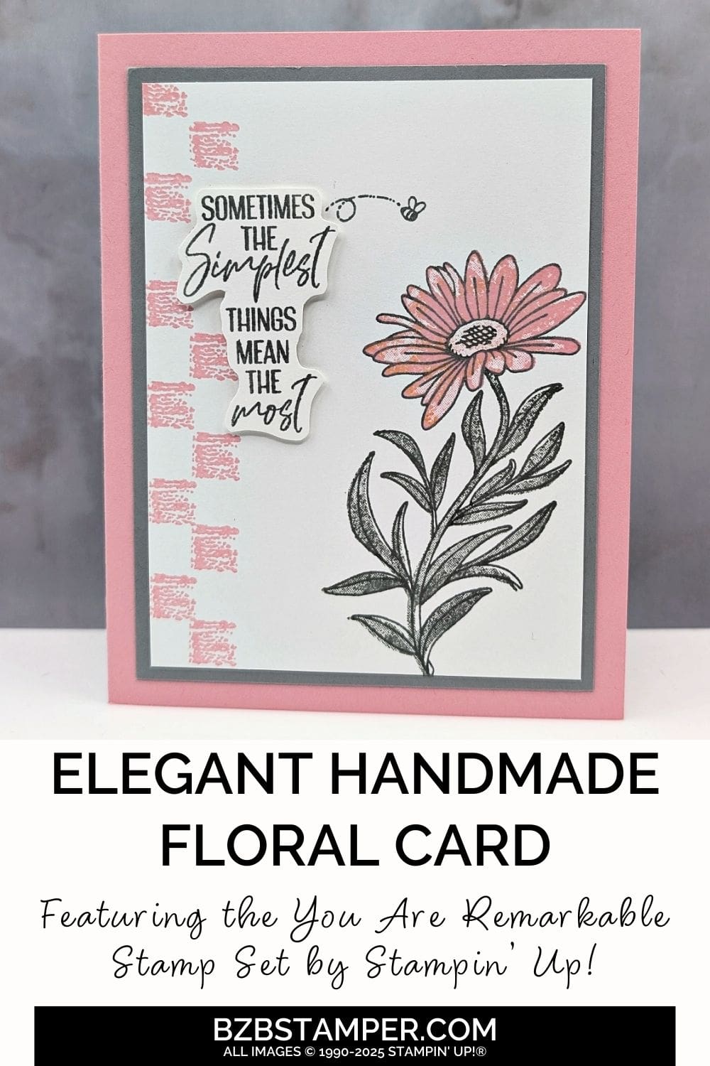Elegant Cards with the You Are Remarkable Stamp Set 5 Elegant Cards with the You Are Remarkable Stamp Set in pinks and grays, featuring a daisy flower, bee and pink checkerboard pattern on border.