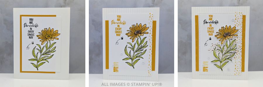 3 Cards using the You Are Remarkable Stamp Set 1 3 Cards using the You Are Remarkable Stamp Set featuring a yellow daisy with a "You are remarkable in every single way" sentiment.
