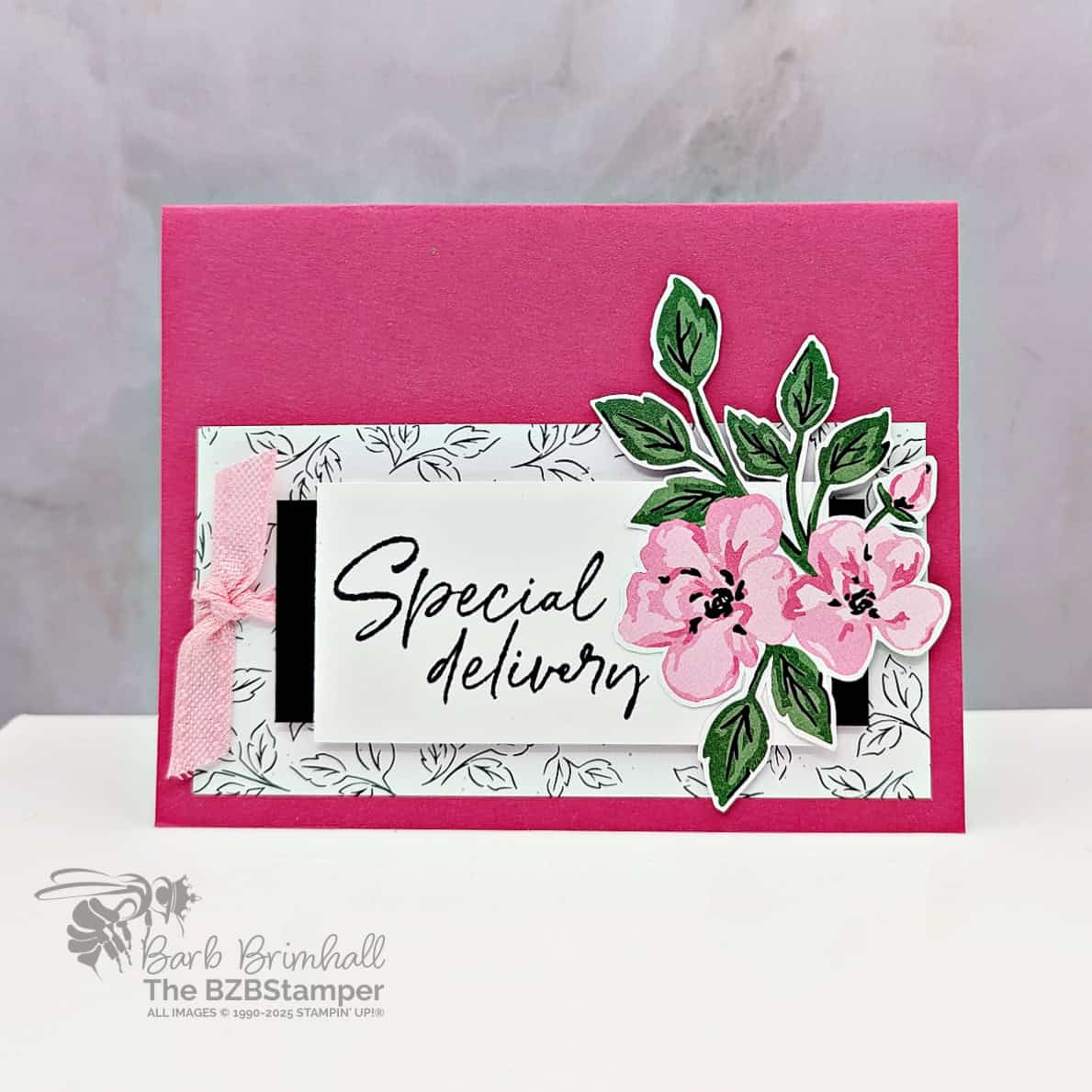 Beautiful Floral Cards with the Lovely Garden Paper 1 Make Beautiful Floral Cards with the Lovely Garden Paper by Stampin' Up! Pink, Green, and Black with a "special delivery" sentiment, featuring pretty papers including pink floral blossoms.
