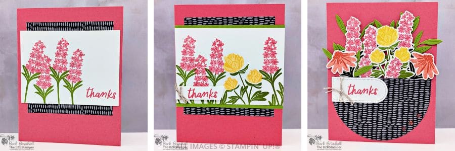 3 Cards using the Pretty Florals Bundle 1 3 Cards using the Pretty Florals Bundle featuring red, yellow and orange flowers and a "thanks" sentiment.
