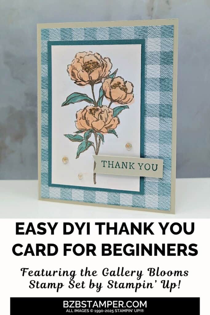 Soft Gingham Floral Card with Gallery Blooms 6 Soft Gingham Floral Card with Gallery Blooms stamp set by Stampin' Up! with greens and pinks, and a green gingham background with a "thank you" sentiment.