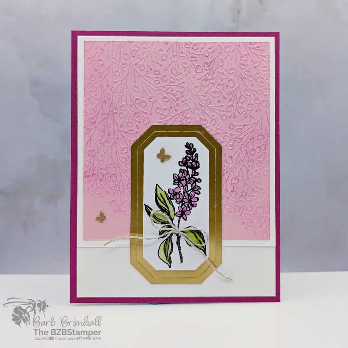 Sweet Floral Card Using the Gallery Blooms Stamp Set 1 Sweet Floral Card Using the Gallery Blooms Stamp Set in pinks, purples and green with an embossed background, gold foiling, and a fun fold. There is no sentiment on this card.