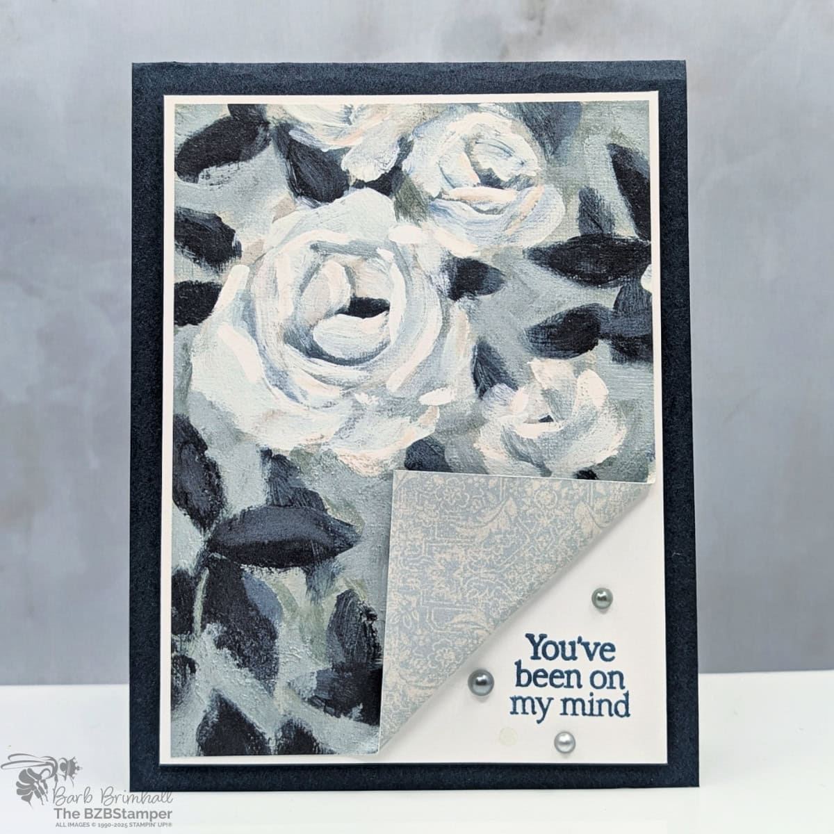 Coffee and a Card with The Beautiful Gallery Paper 1 Coffee and a Card with The Beautiful Gallery Paper in blues and creams, with pretty paper featuring cream floral images. Sentiment is "you've been on my mind."