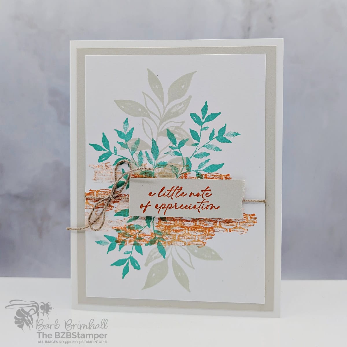 Send Smiles with the Textured Notes Stamp Set 1 Send Smiles with the Textured Notes Stamp Set in beige, green and orange using botanical-style stamps including leaves and basket images. Sentiment is "a little note of appreciation" and is wrapped in twine.
