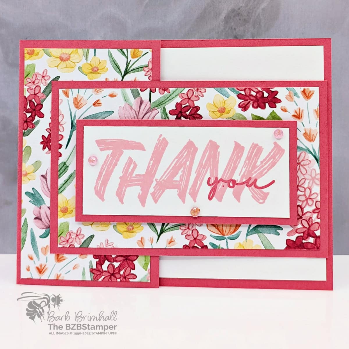 Coffee and a Card using Layered Thoughts Stamp Set 1 Coffee and a Card using Layered Thoughts Stamp Set and pretty floral paper in pinks and reds, with a splash of other bright colors. Bold "Thank You" sentiment in pink and red.