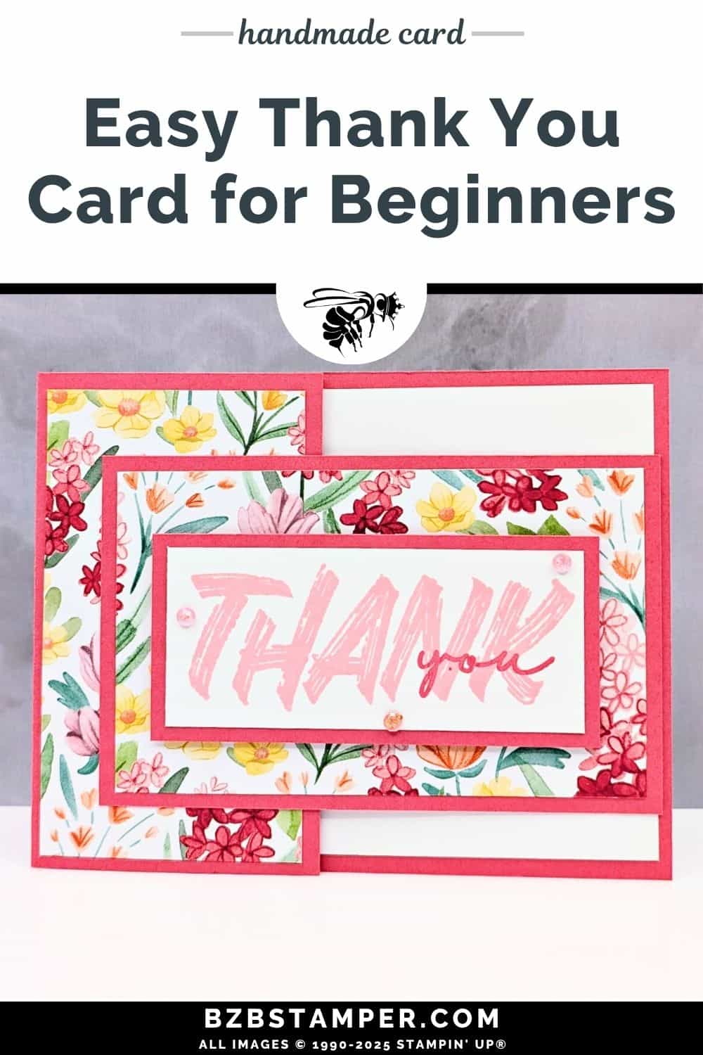Coffee and a Card using Layered Thoughts Stamp Set 6 Coffee and a Card using Layered Thoughts Stamp Set and pretty floral paper in pinks and reds, with a splash of other bright colors. Bold "Thank You" sentiment in pink and red.