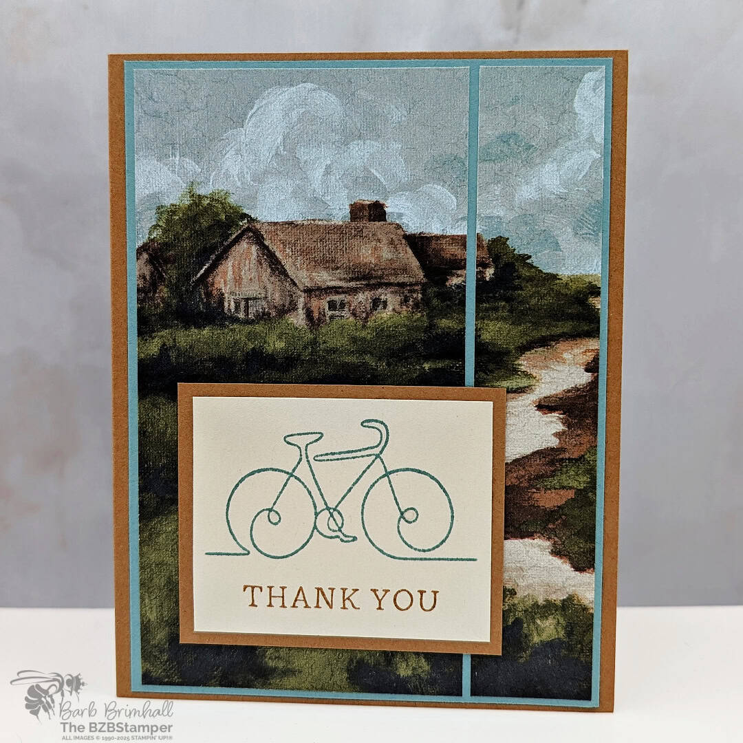3 Cards using the Along These Lines Stamp Set 4 3 Cards using the Along These Lines Stamp Set that feature beautiful paper with a country scene, a stamped bicycle image and then a "thank you" sentiment.