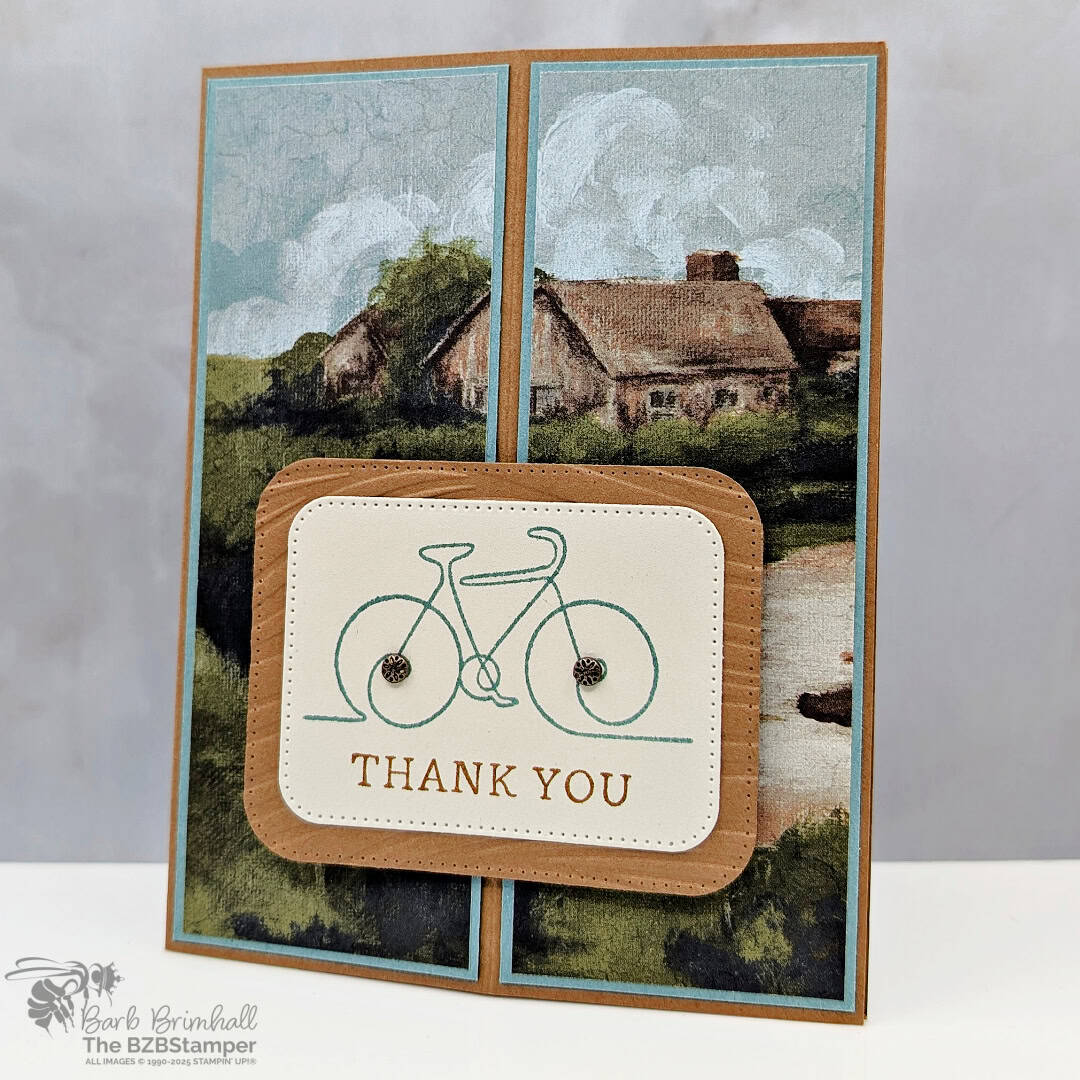 3 Cards using the Along These Lines Stamp Set 5 3 Cards using the Along These Lines Stamp Set that feature beautiful paper with a country scene, a stamped bicycle image and then a "thank you" sentiment.