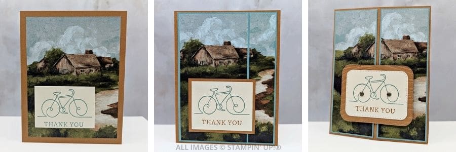 3 Cards using the Along These Lines Stamp Set 1 3 Cards using the Along These Lines Stamp Set that feature beautiful paper with a country scene, a stamped bicycle image and then a "thank you" sentiment.