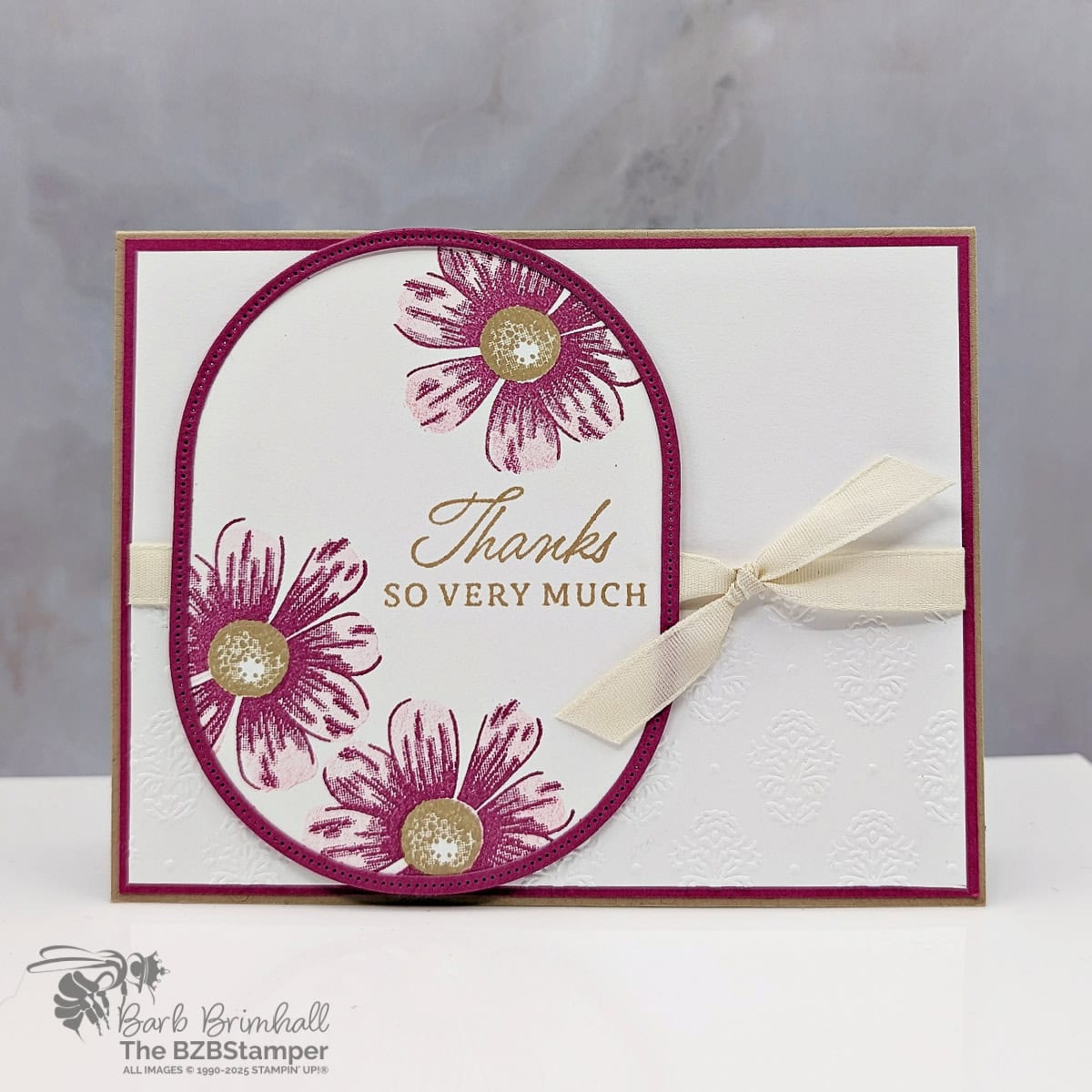Elegant Thank You Card with the Impressions Abloom Bundle 1 Elegant Thank You Card with the Impressions Abloom Bundle and pink, purple and beige flowers with a "thanks so very much" sentiment and embossed background.