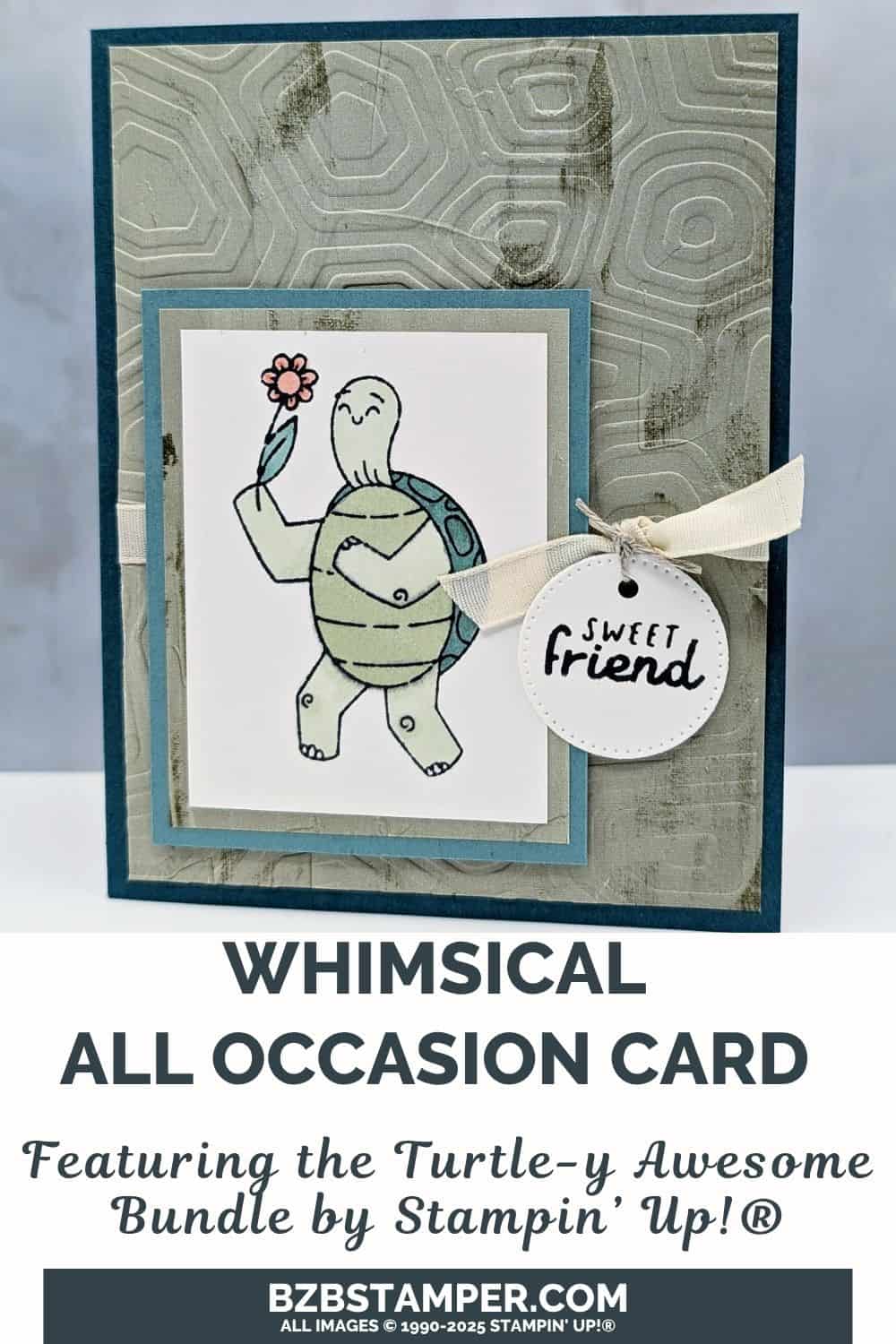 Turtle-y Sweet Card Idea for Your Bestie 6 Turtle-y Sweet Card Idea for Your Bestie in greens, beiges and a bit of coral. Features a standing turtle holding a coral flowers with the sentiment "sweet friend" on a circle tag.