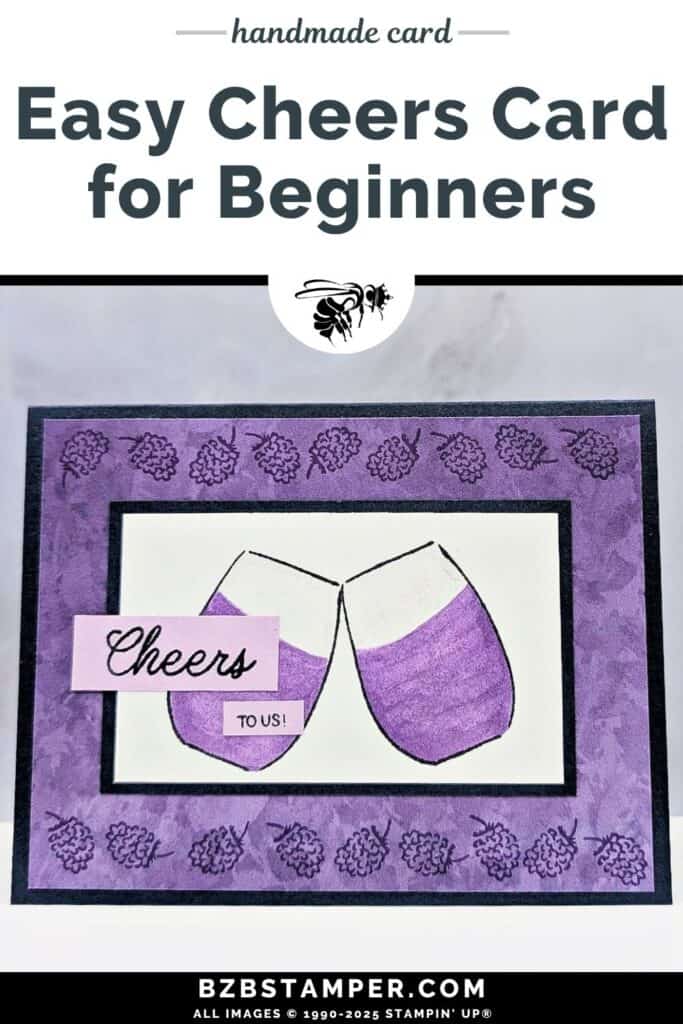 Cheers to Us with the Cheers and Sips Stamp Set in purples and dark navy blue, featuring 2 wine glasses clinking together and a "cheers to us" sentiment.
