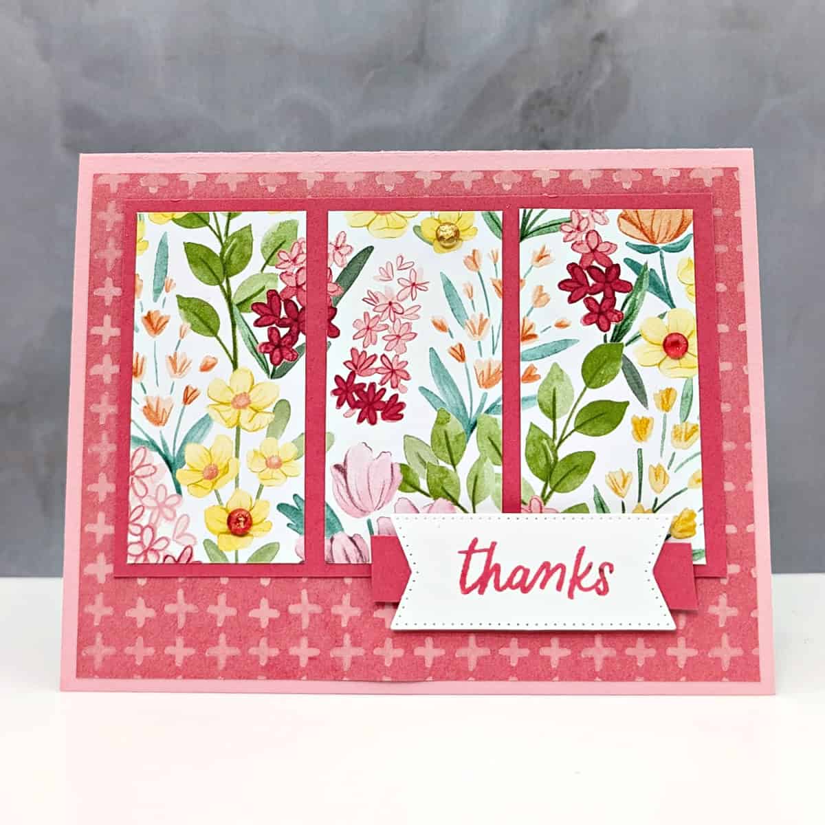 Coffee and a Card with the Florals In Bloom Paper 1 Coffee and a Card with the Florals In Bloom Paper in pinks and reds and a "thanks" sentiment.