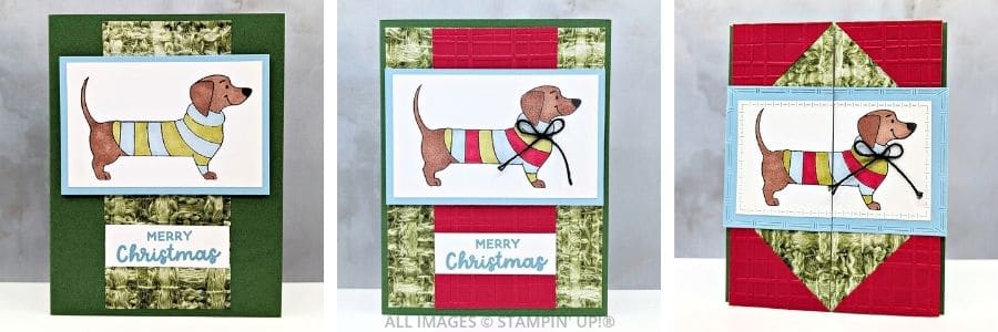 3 Cards using the Long Time No See Stamp Set with pretty paper in reds, greens and blues featuring a Dachshund and "Merry Christmas" sentiment.