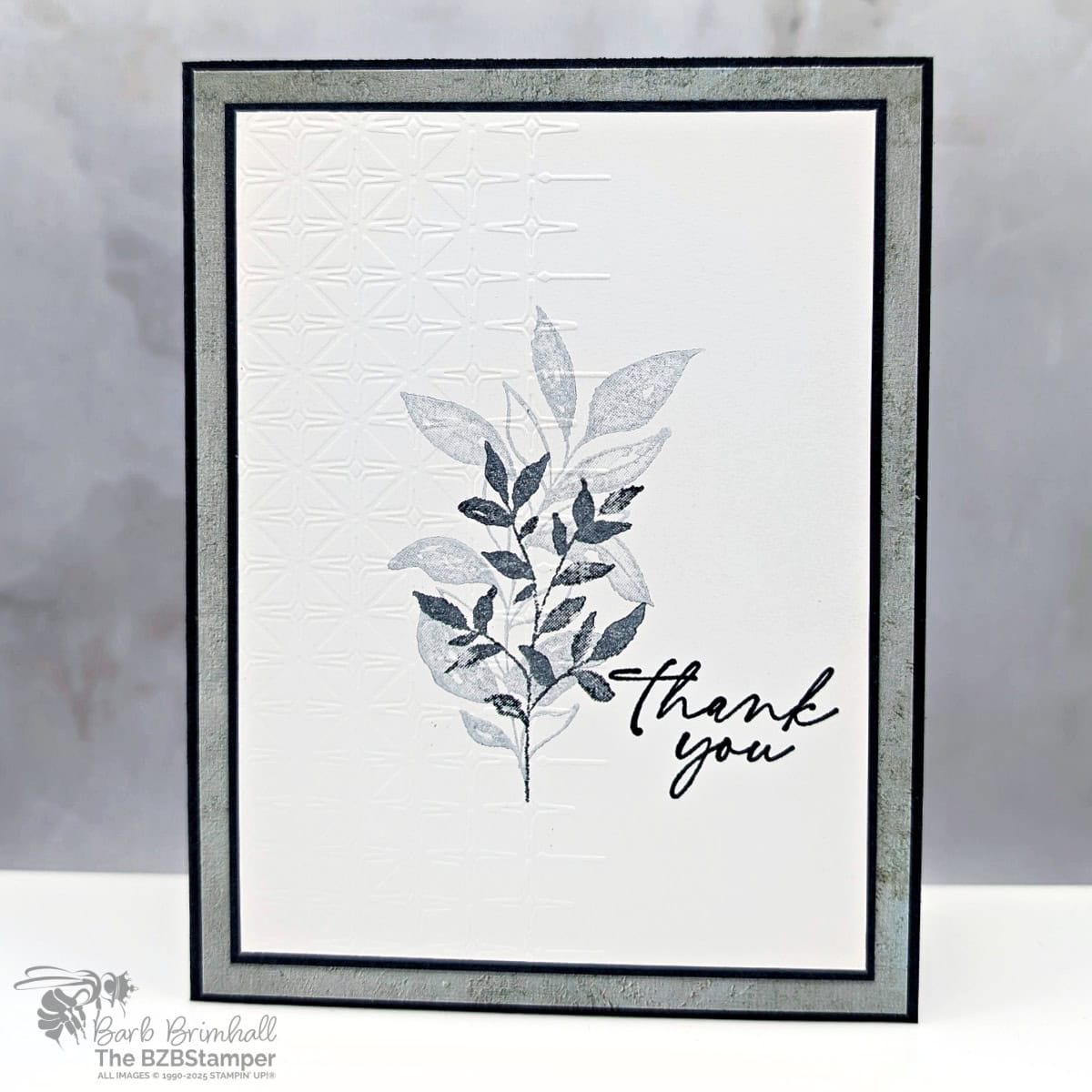 Thank You Card with the Textured Notes Stamp Set 1 Thank You Card with the Textured Notes Stamp Set featuring leaves in shades of blue and an elegant embossing folder, plus a "thank you" sentiment. Also includes pretty gray-blue paper.