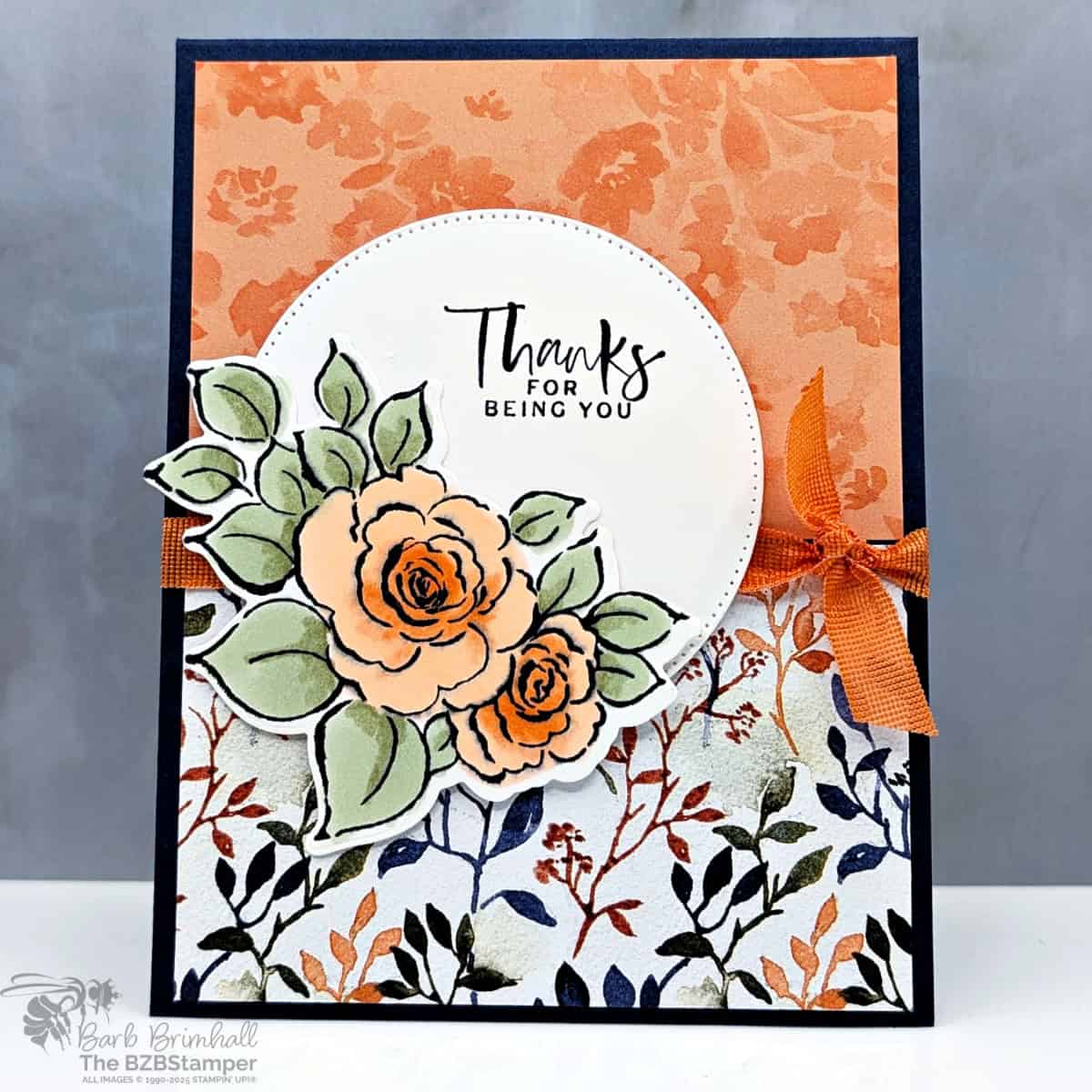 Coffee and a Card using the Charming Day Bundle 1 Coffee and a Card using the Charming Day Bundle in blues, greens and peaches featuring a floral blossom and pretty paper. Sentiment on a die-cut circle is "thanks for being you"