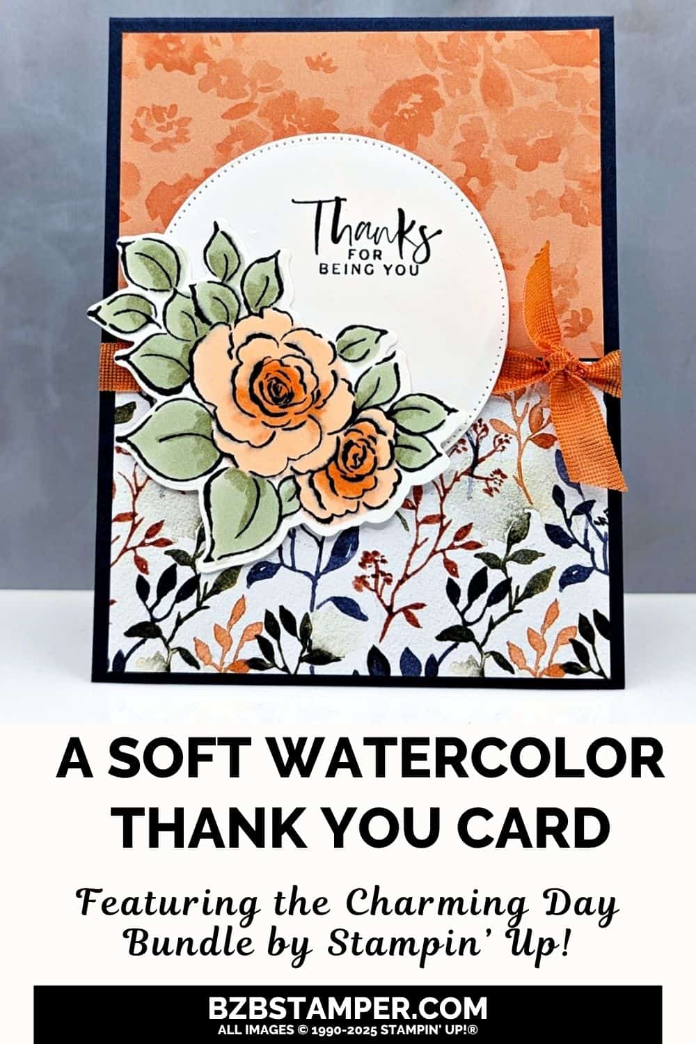 Coffee and a Card using the Charming Day Bundle 6 Coffee and a Card using the Charming Day Bundle in blues, greens and peaches featuring a floral blossom and pretty paper. Sentiment on a die-cut circle is "thanks for being you"