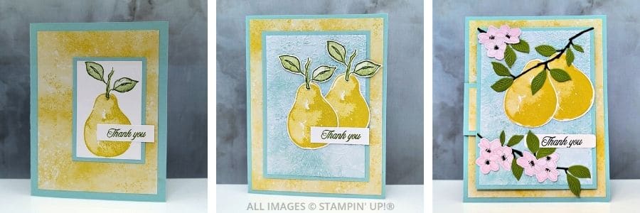 3 Cards using the Perfectly Pairs Bundle 1 3 Cards using the Perfectly Pairs Bundle in yellow, blue and green, featuring pear images and stems with blossoms. Sentiment is "thank you" in a frilly elegant font.