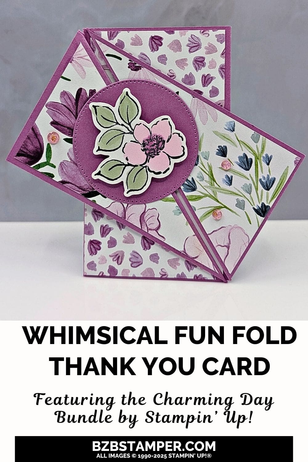 Coffee and a Card with a Charming Day Fun Fold 7 Coffee and a Card with a Charming Day Fun Fold in purples, pinks, and greens, with pretty paper and very unique fun fold. Front of card features a die-cut flower on a die-cut circle.