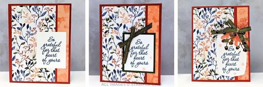 3 Cards using the Label Me Grateful Bundle 1 3 Cards using the Label Me Grateful Bundle in rust, navy and green, featuring beautiful paper and a sentiment "So grateful for that heart of yours."