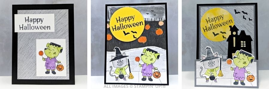 3 Cards using the Spooky Halloween Bundle 1 3 Cards using the Spooky Halloween Bundle in oranges, greens and purples, with cute animals and fun paper, with a "Happy Halloween" sentiment.
