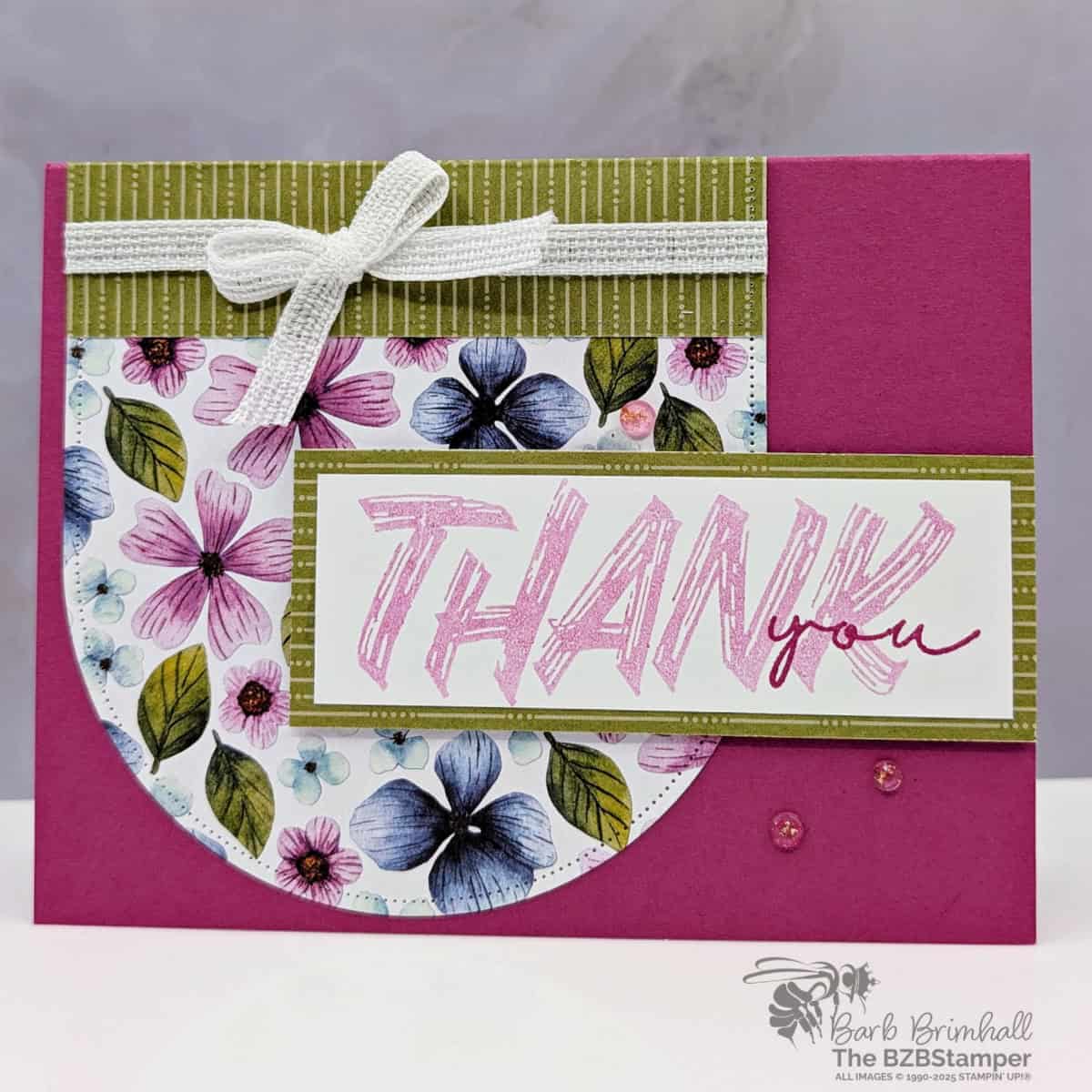 Handmade Thank You Card using the Layered Thoughts 1 Handmade Thank You Card using the Layered Thoughts using pretty floral paper in greens and pinks and a "thank you" sentiment.