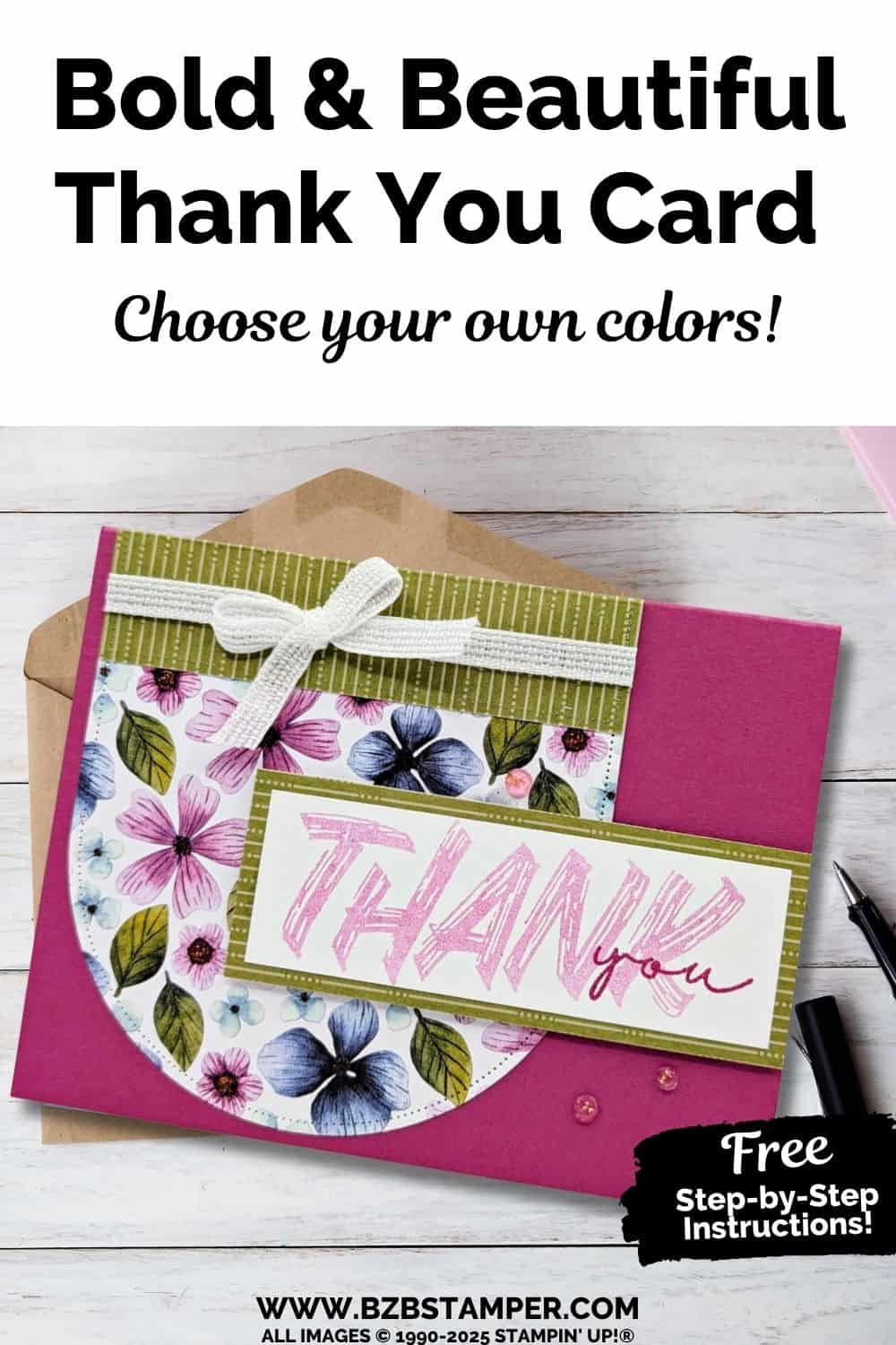 Handmade Thank You Card using the Layered Thoughts 5 Handmade Thank You Card using the Layered Thoughts using pretty floral paper in greens and pinks and a "thank you" sentiment.