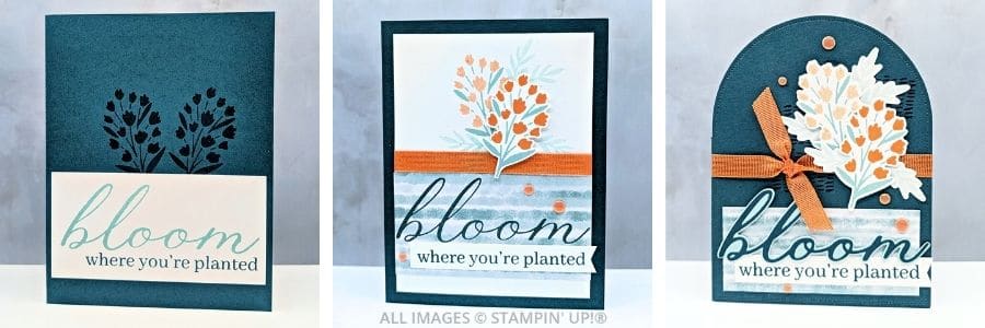 3 Cards using the Sweet Blooms Bundle 1 3 Cards using the Sweet Blooms Bundle in blues and oranges, with a "bloom where you're planted" sentiment and a floral bouquet.